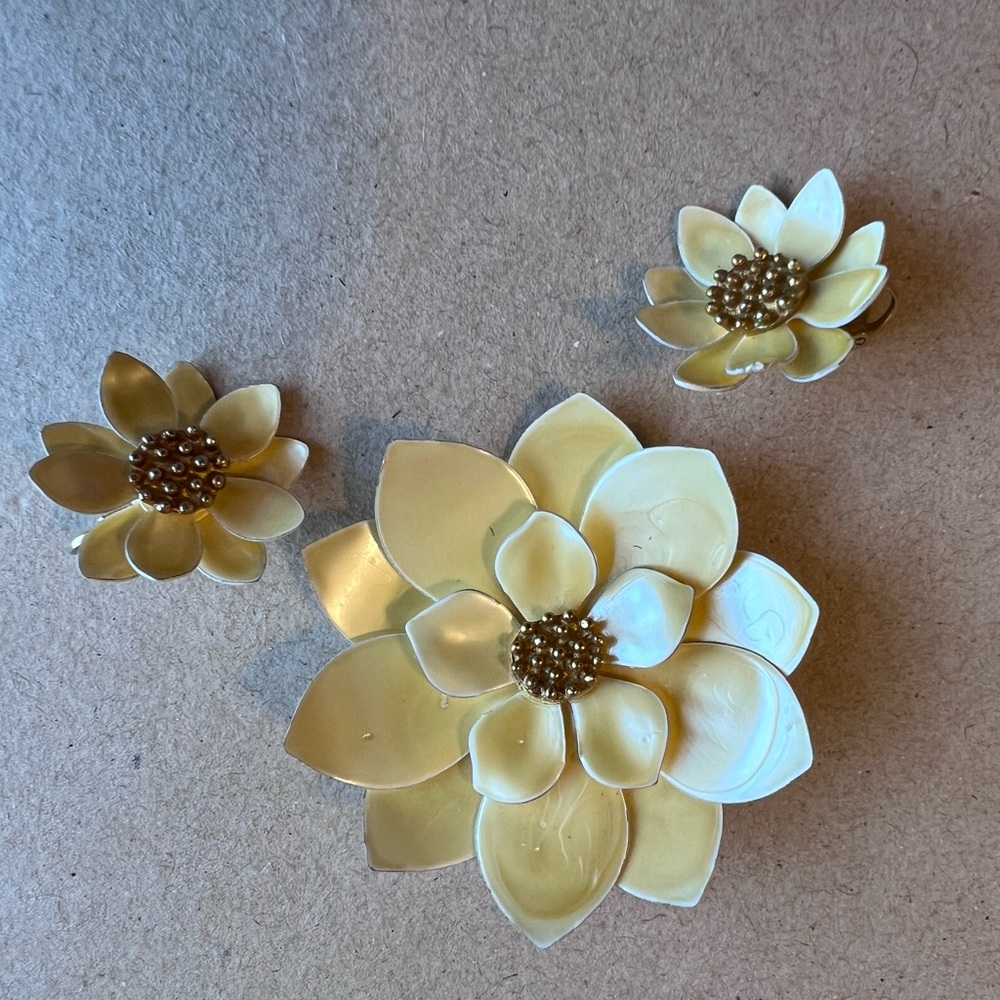 Vintage Enamel Floral Brooch + Earrings